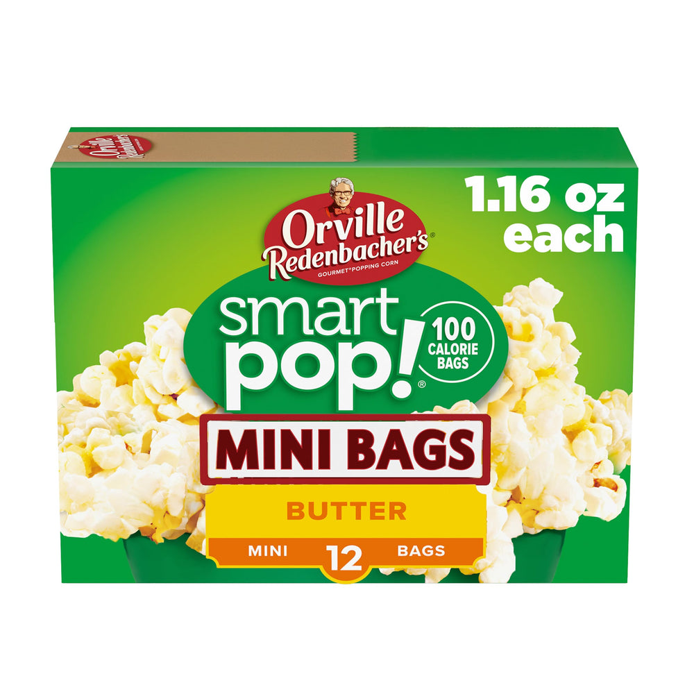 Orville Redenbacher's Smart Pop! Butter mini bags on a shelf offer a light, guilt-free snack.