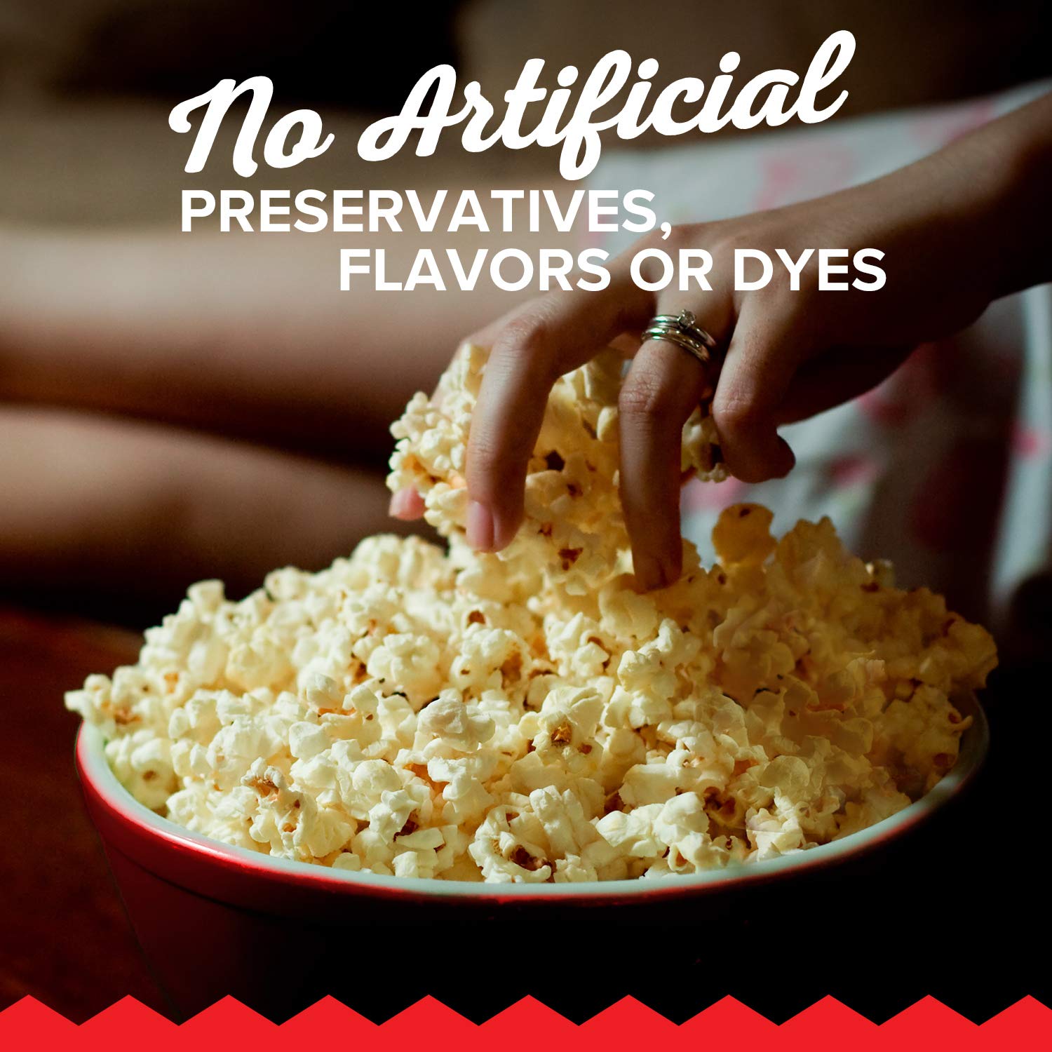 Orville Redenbacher's popcorn on the kitchen counter signals easy party-ready crunch.