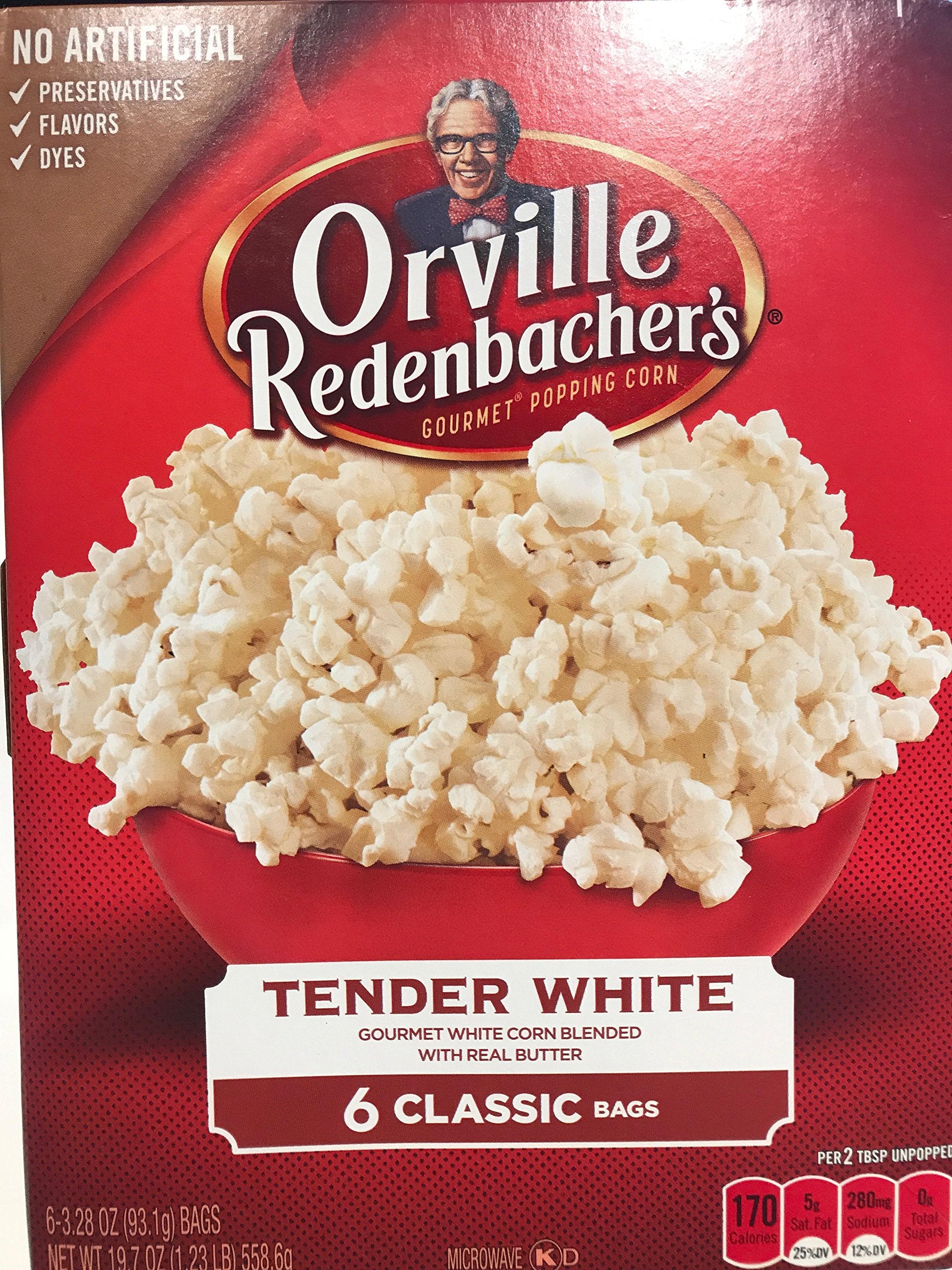 Orville Redenbacher's Tender White Classic popcorn in a 19.7 oz bag, gluten-free and non-GMO.