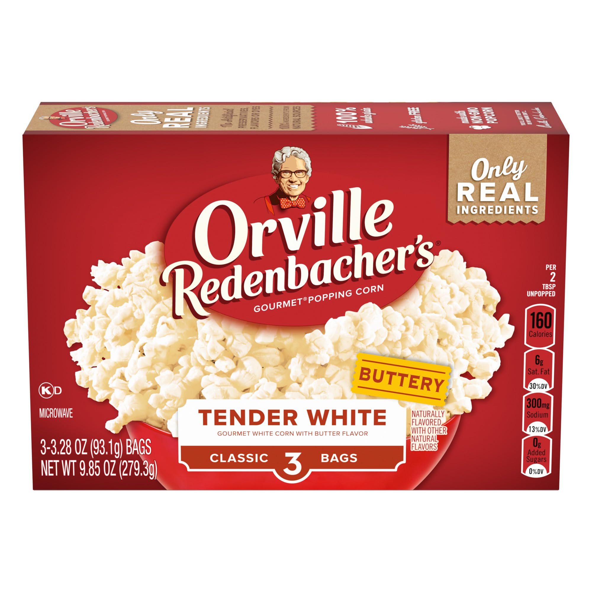 Orville Redenbacher's Tender White popcorn box with premium whole grain kernels for a wholesome snack
