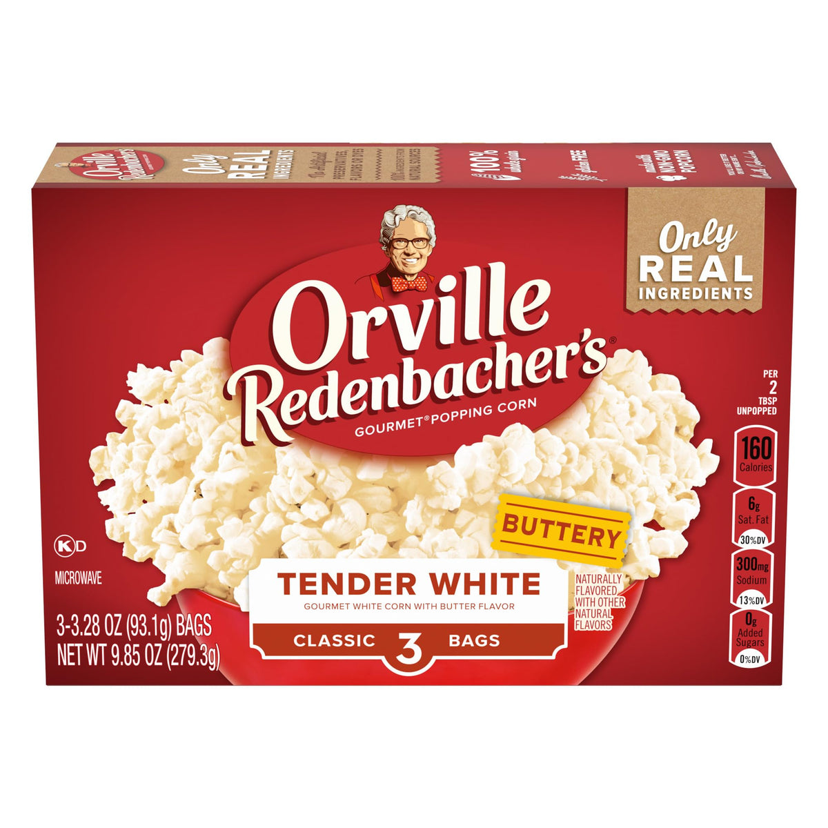 Orville Redenbacher's Tender White popcorn box with premium whole grain kernels for a wholesome snack