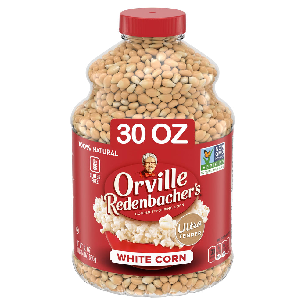 Orville Redenbacher's unpopped white kernels in a bag, ready for gourmet popping