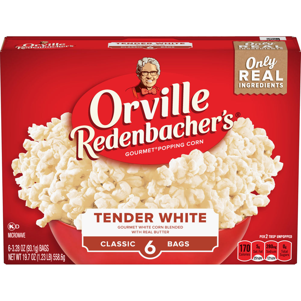 Orville Redenbacher's white corn popcorn packshot for quick snacking.