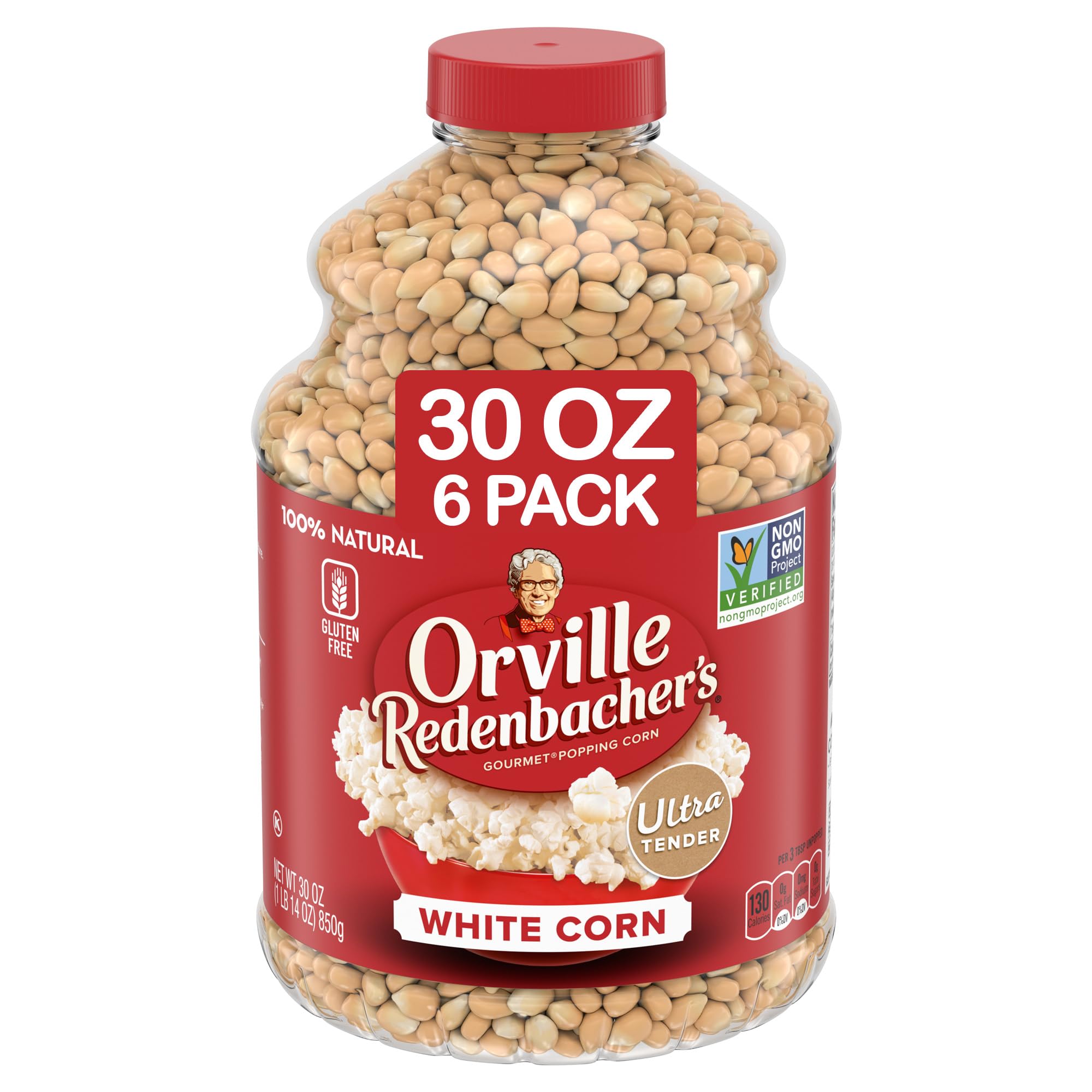 Orville Redenbacher's white popcorn kernels in six jars for easy, at-home movie snacking.