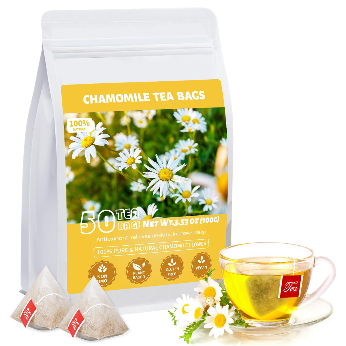 Oryvox Chamomile Tea Bags 50-count pack for evenings.