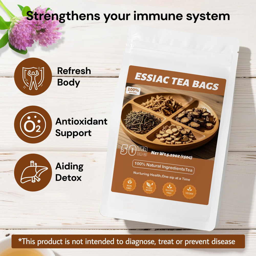 Oryvox Essiac tea burdock root highlighting natural herbal blend