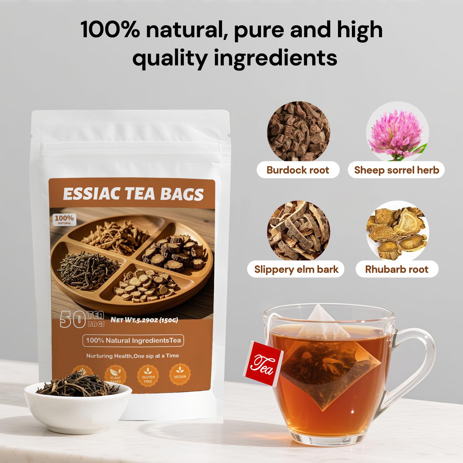 Oryvox Essiac tea cup showing caffeine-free enjoyment after dinner