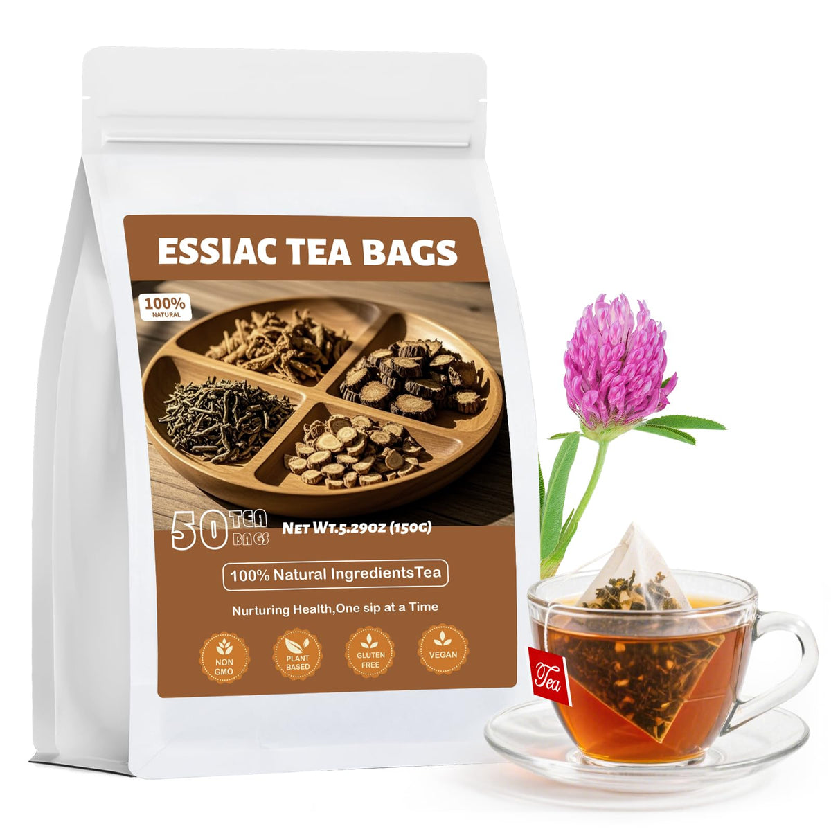 Oryvox Essiac tea bag steeping for a calming caffeine-free moment