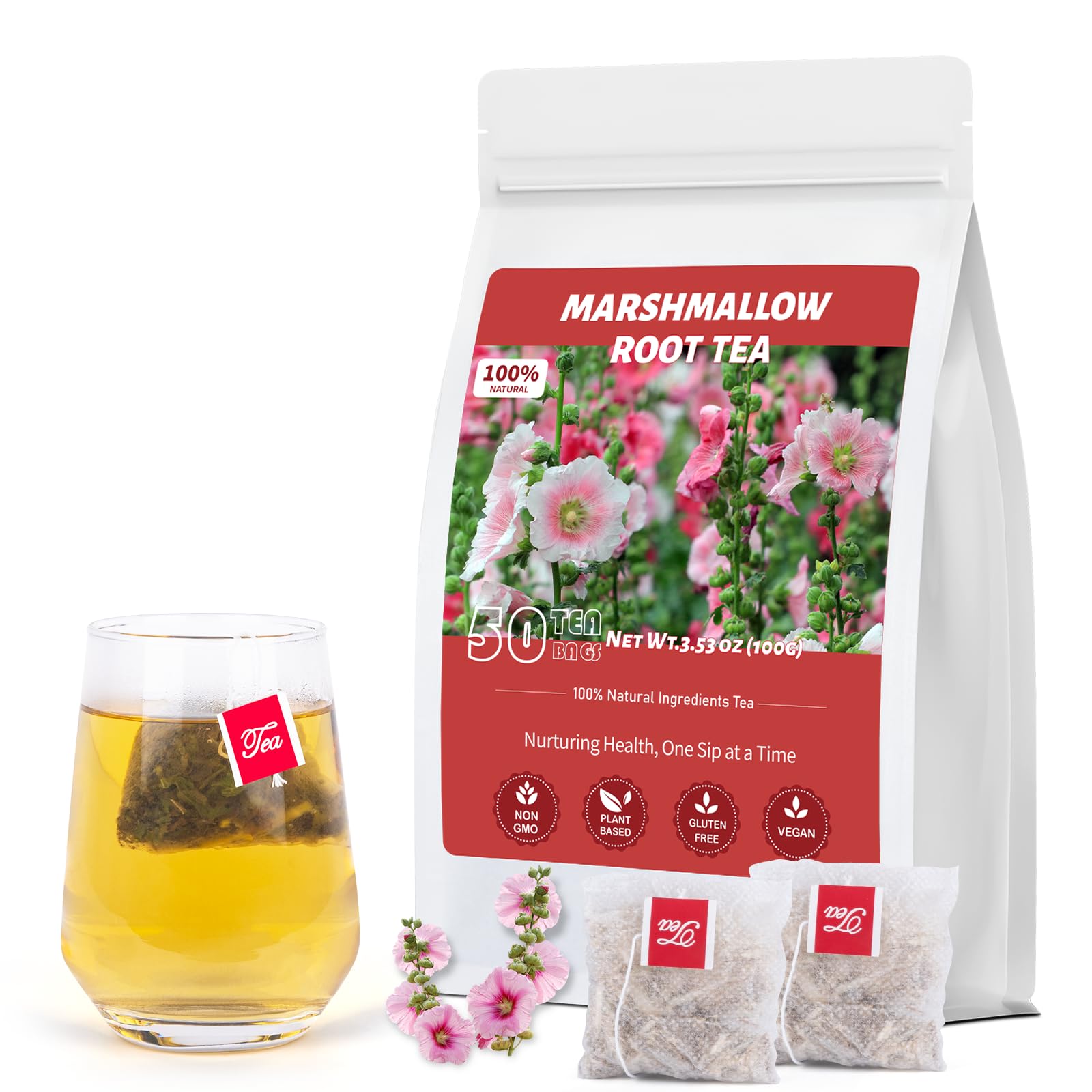 Oryvox marshmallow root tea bag close-up for a soothing caffeine-free cup