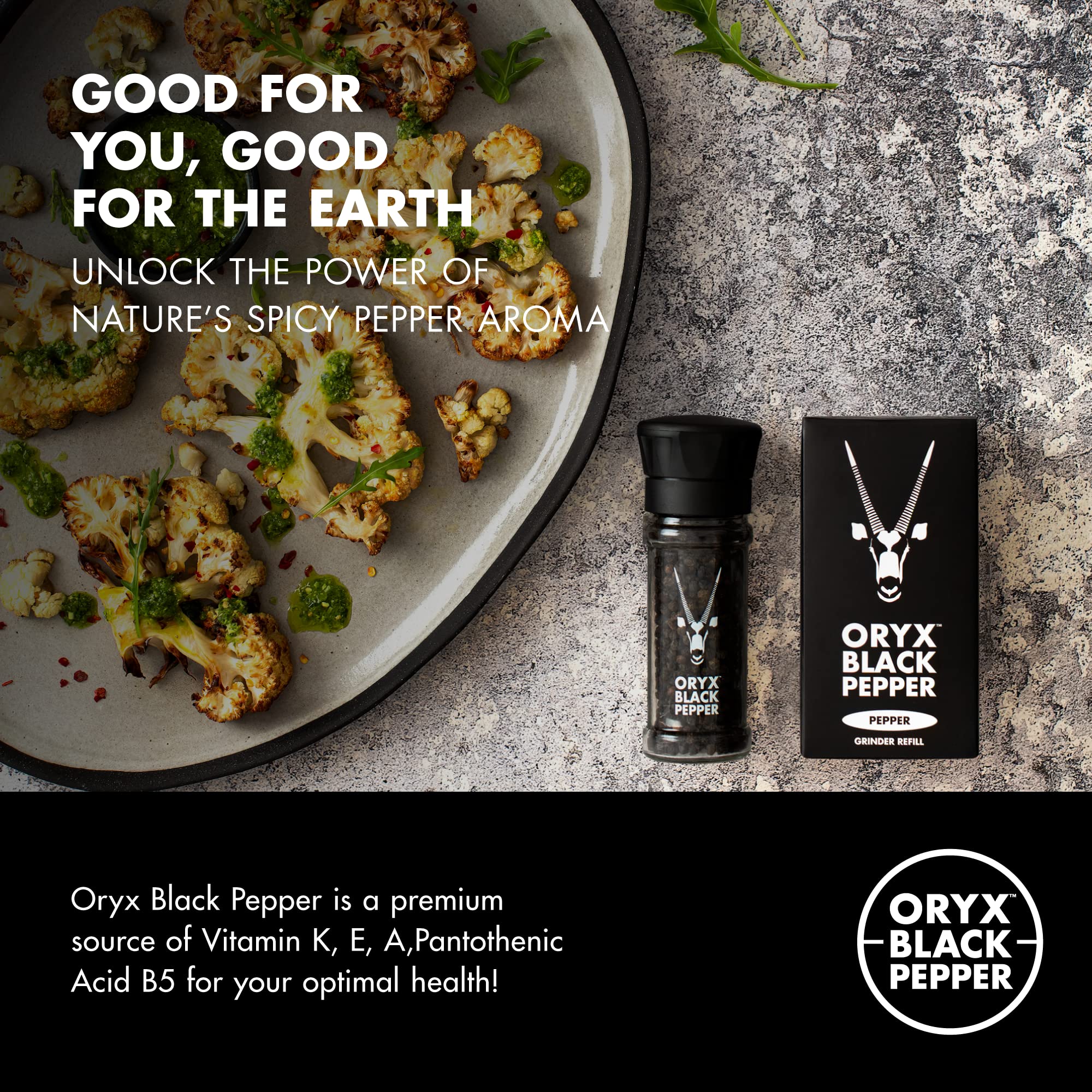 Oryx Black Pepper Grinder showing refillable mechanism for easy long-term use.
