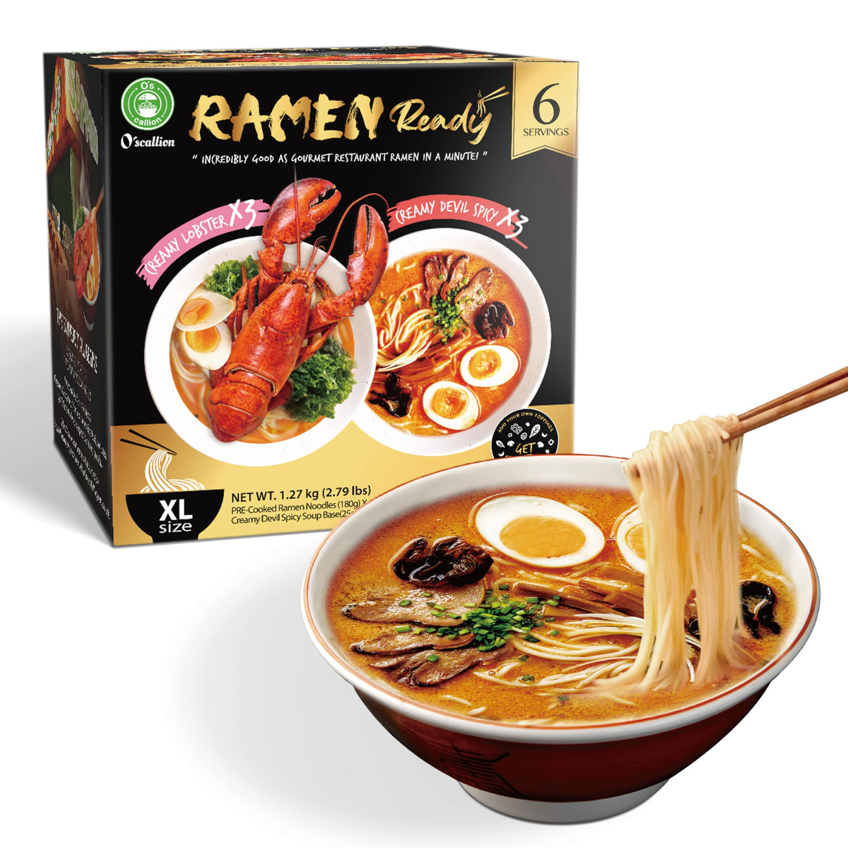 O'scallion ramen noodles pack shows six servings for quick, restaurant-style meals at home.