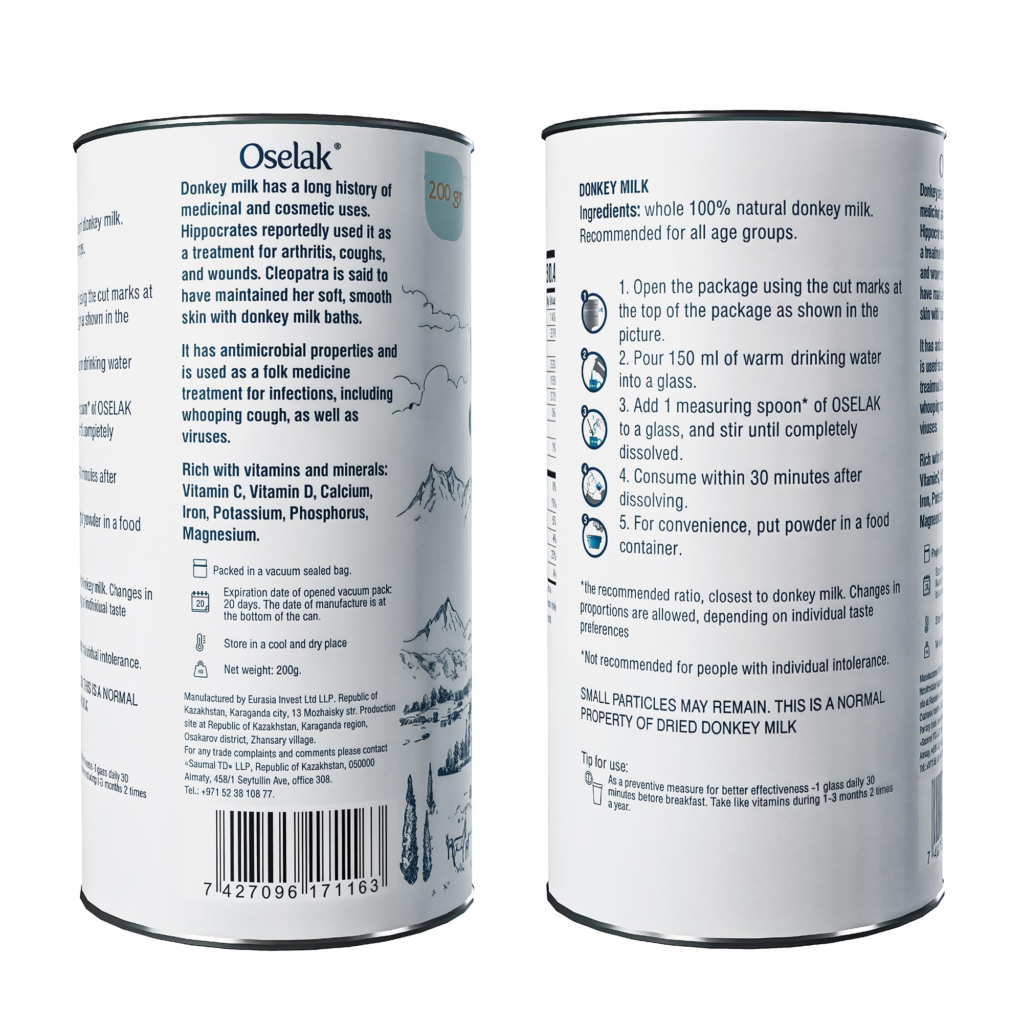 Oselak donkey milk powder packaging closeup for details