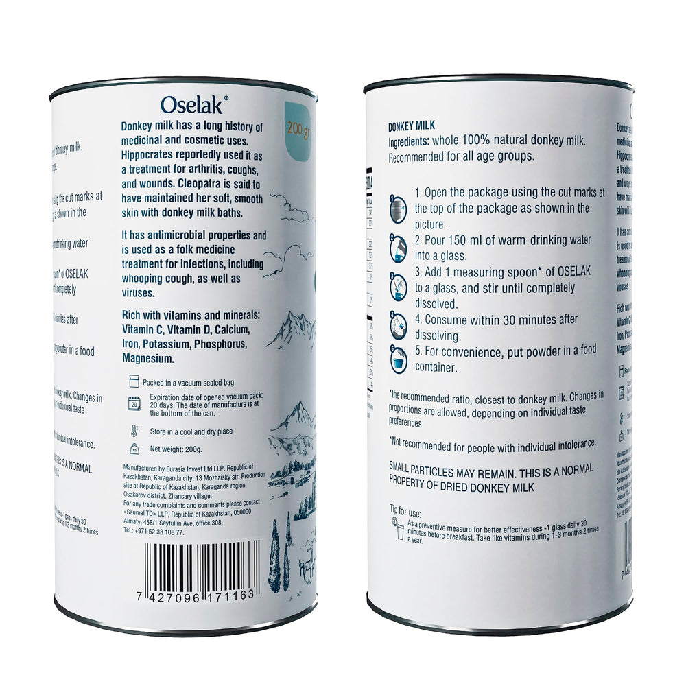 Oselak donkey milk powder packaging closeup for details