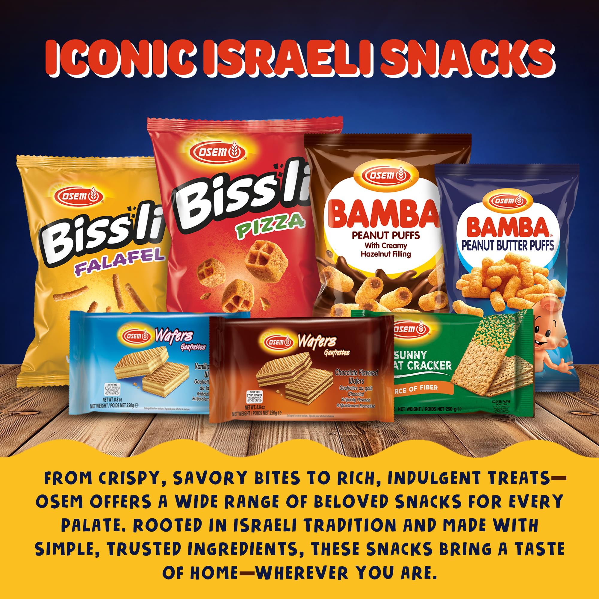 Osem Bamba packaging highlights clean ingredients and no added sugar.