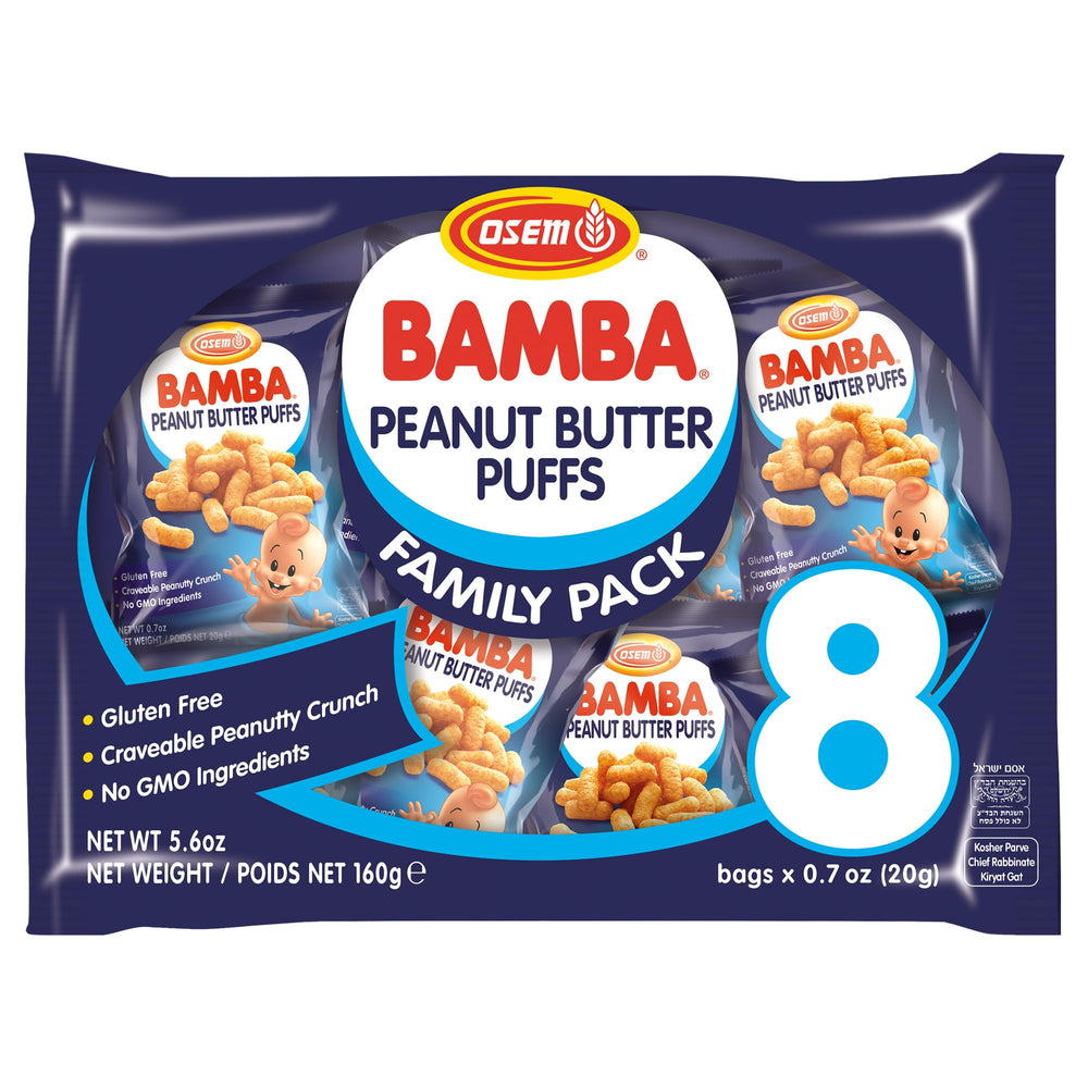 Osem Bamba Peanut Butter Puffs pack front view, ideal for on-the-go snacking