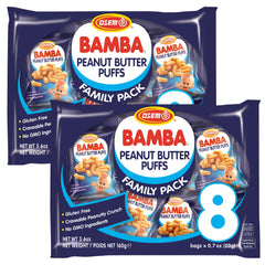 Osem Bamba peanut butter puffs in a 16-pack front display, grain-free protein snack for kids.