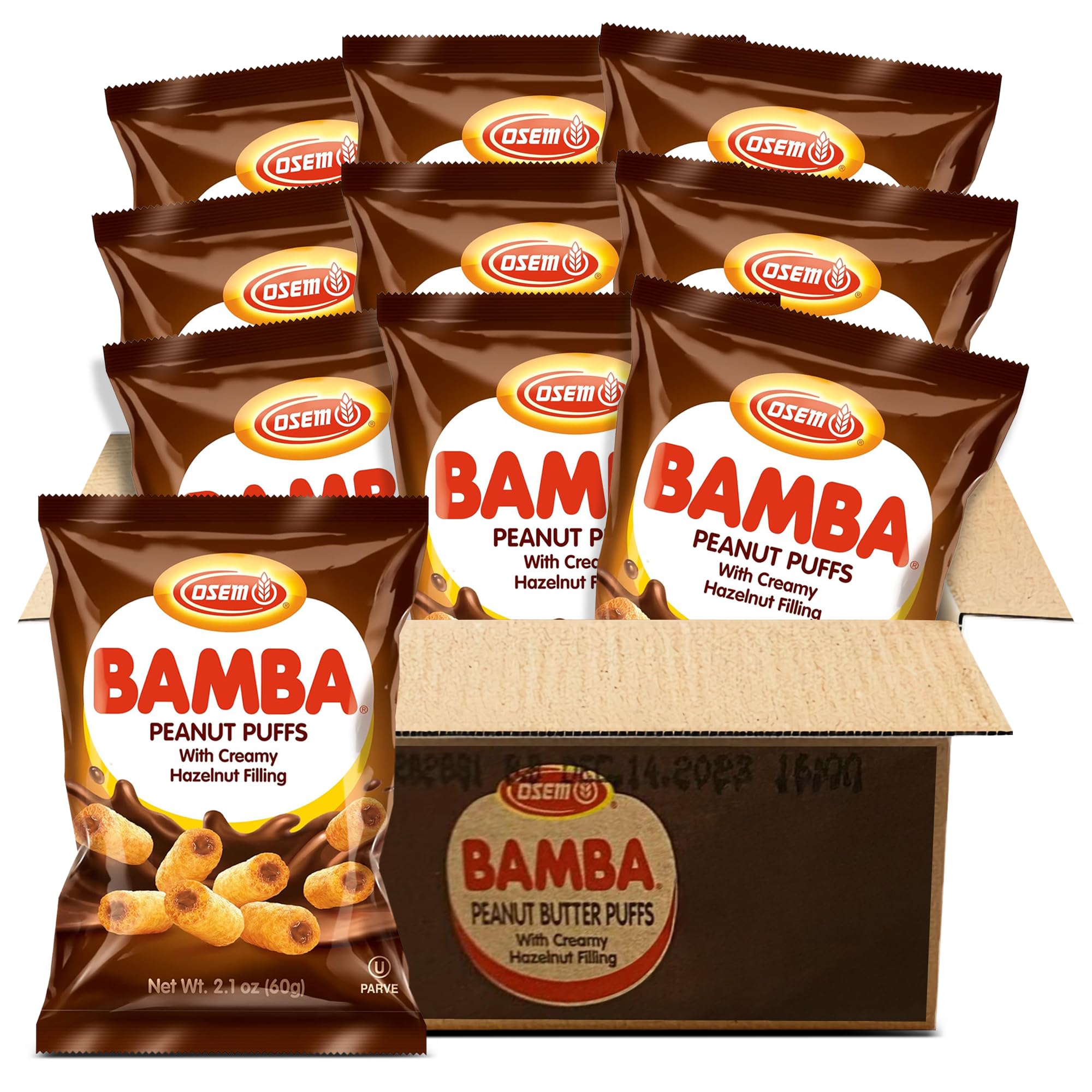 Osem Bamba peanut puffs with hazelnut center, a crunchy on-the-go snack.