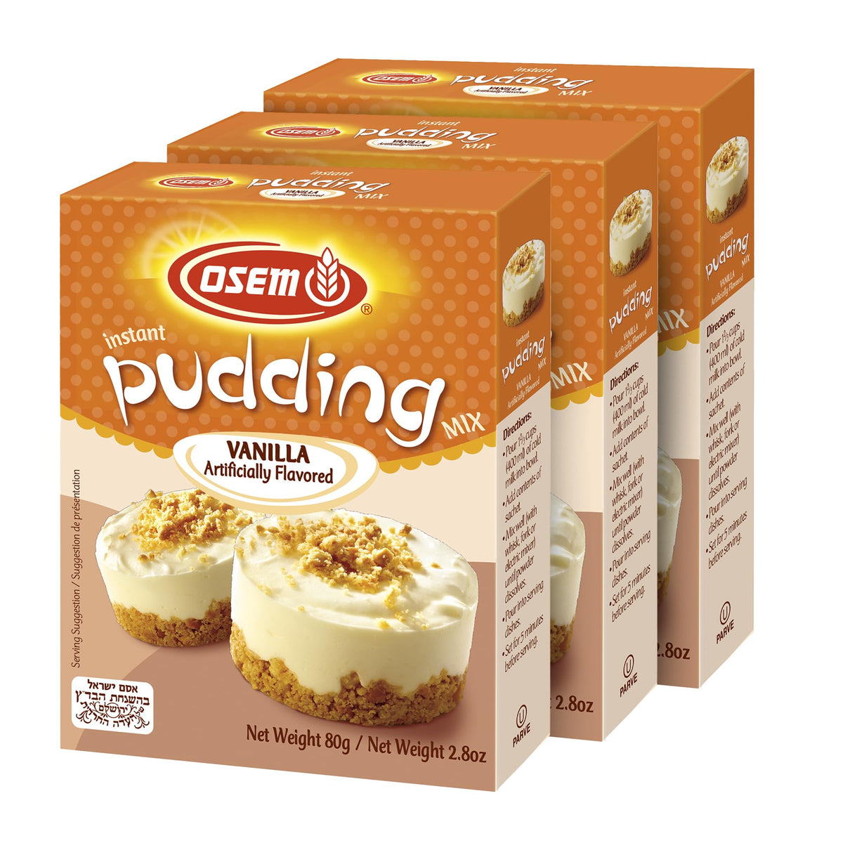 Osem instant vanilla pudding box front, quick dessert option for busy weeknights.