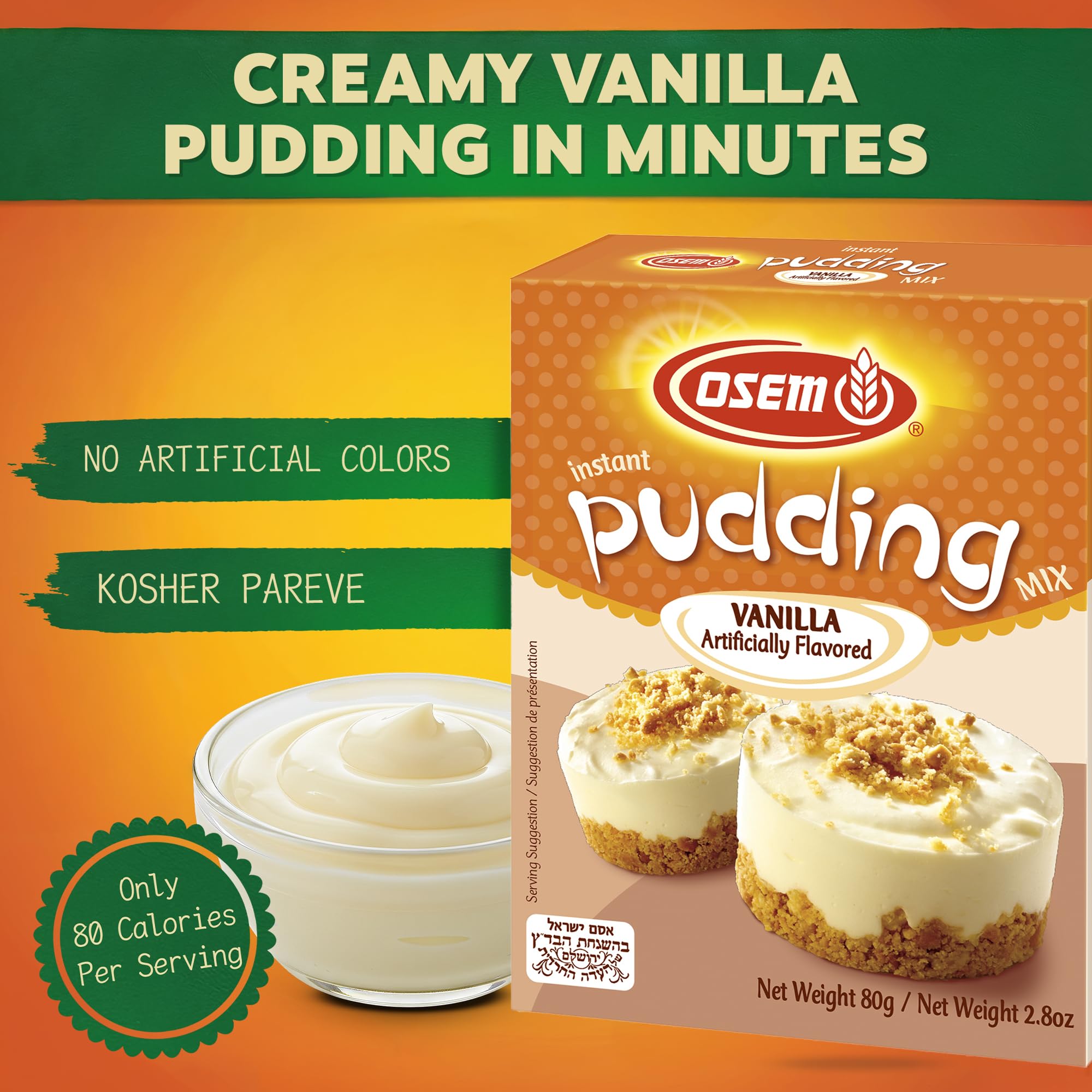 Osem vanilla pudding mix dry ingredients close-up, ready to whisk into a light dessert.