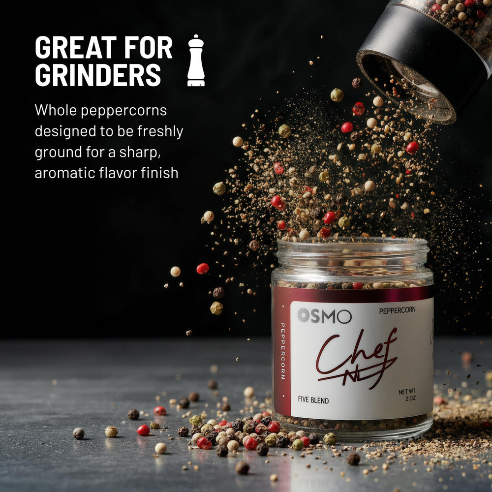 peppercorns in mortar being ground, osmo demonstrates hands-on flavor control