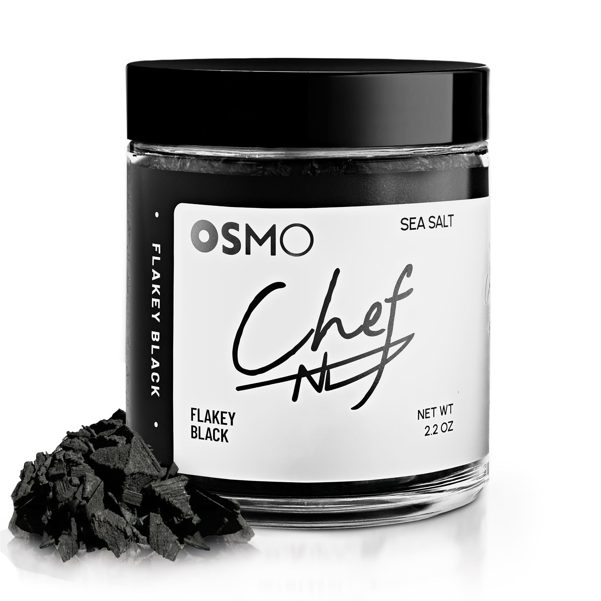 osmo jar front view showing premium black finishing salt and chef branding benefit presentation
