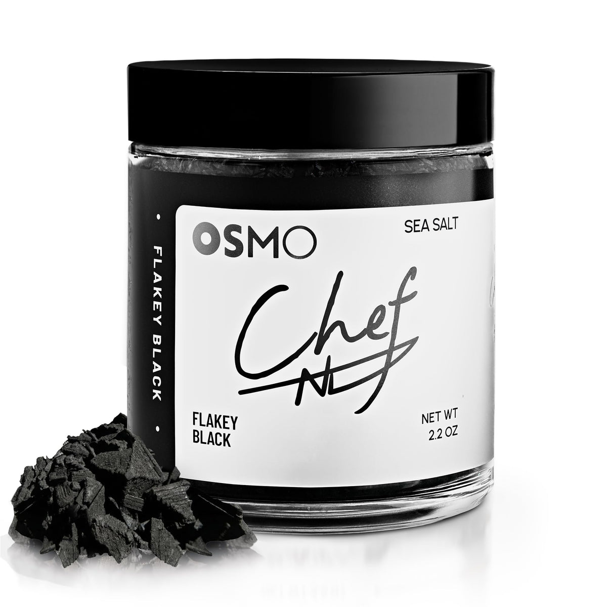 osmo jar front view showing premium black finishing salt and chef branding benefit presentation
