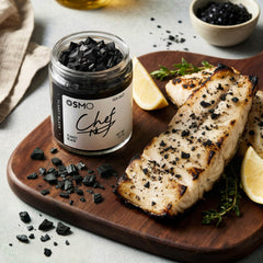 osmo black sea salt on fresh mozzarella creating contrast and elevated plating benefit
