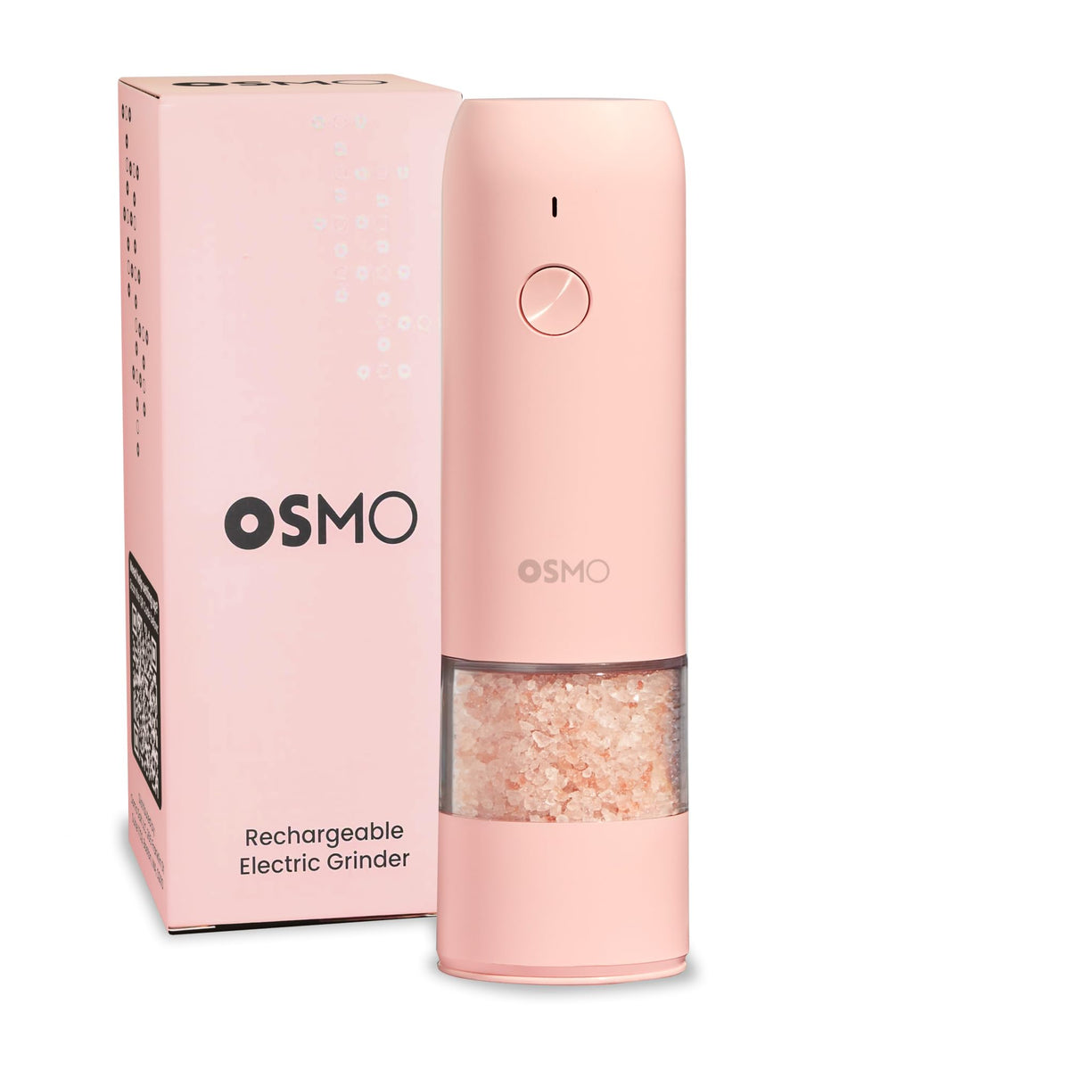 Osmo pink electric pepper grinder front view showing sleek design and easy grip