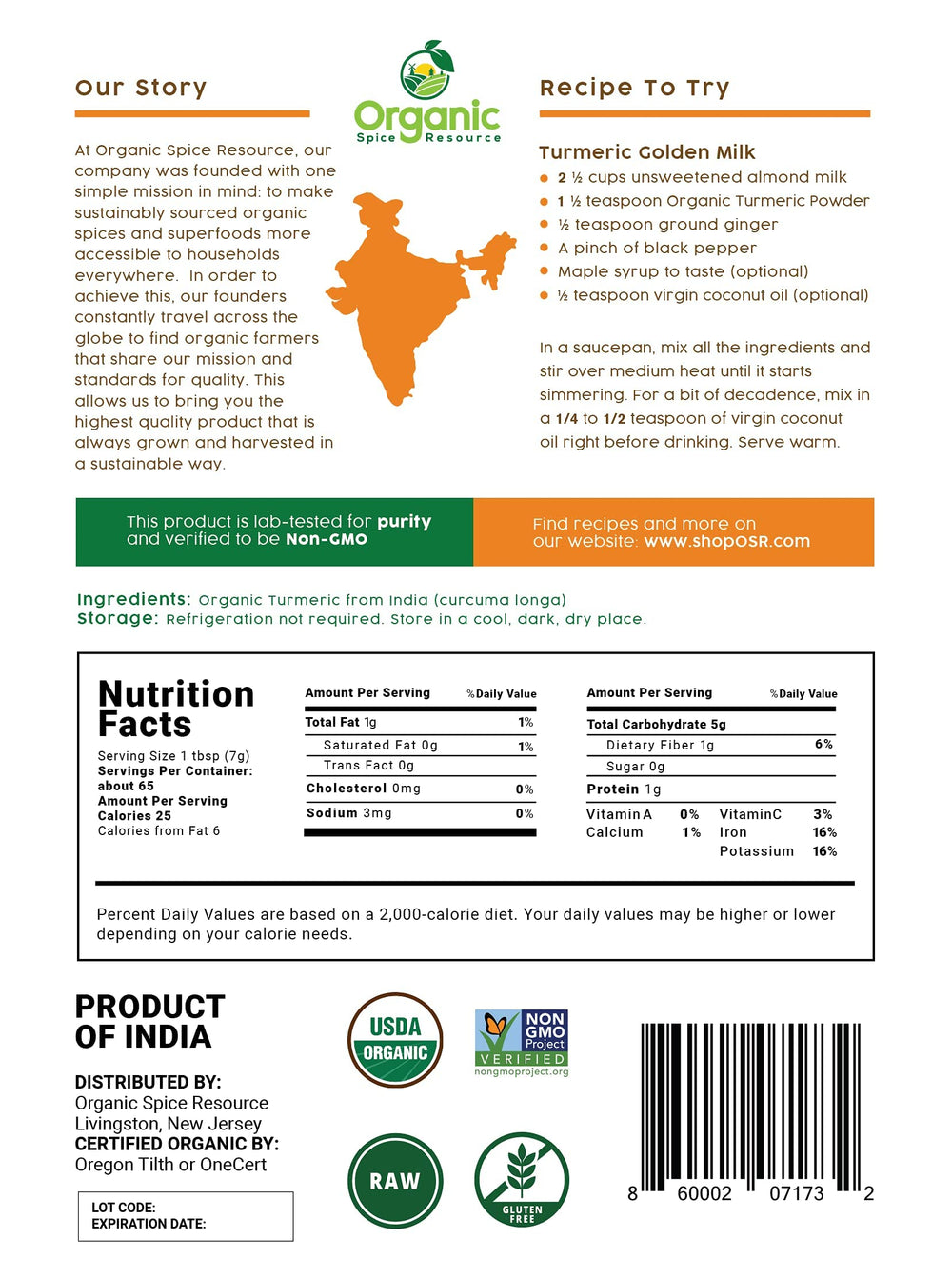 OSR Turmeric Powder with curcumin highlights vibrant color and flavor potential.