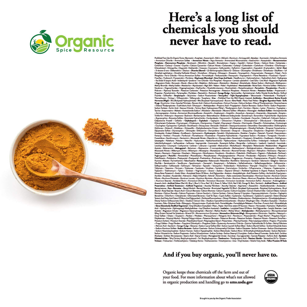 OSR Organic Turmeric Powder non-GMO badge displayed.
