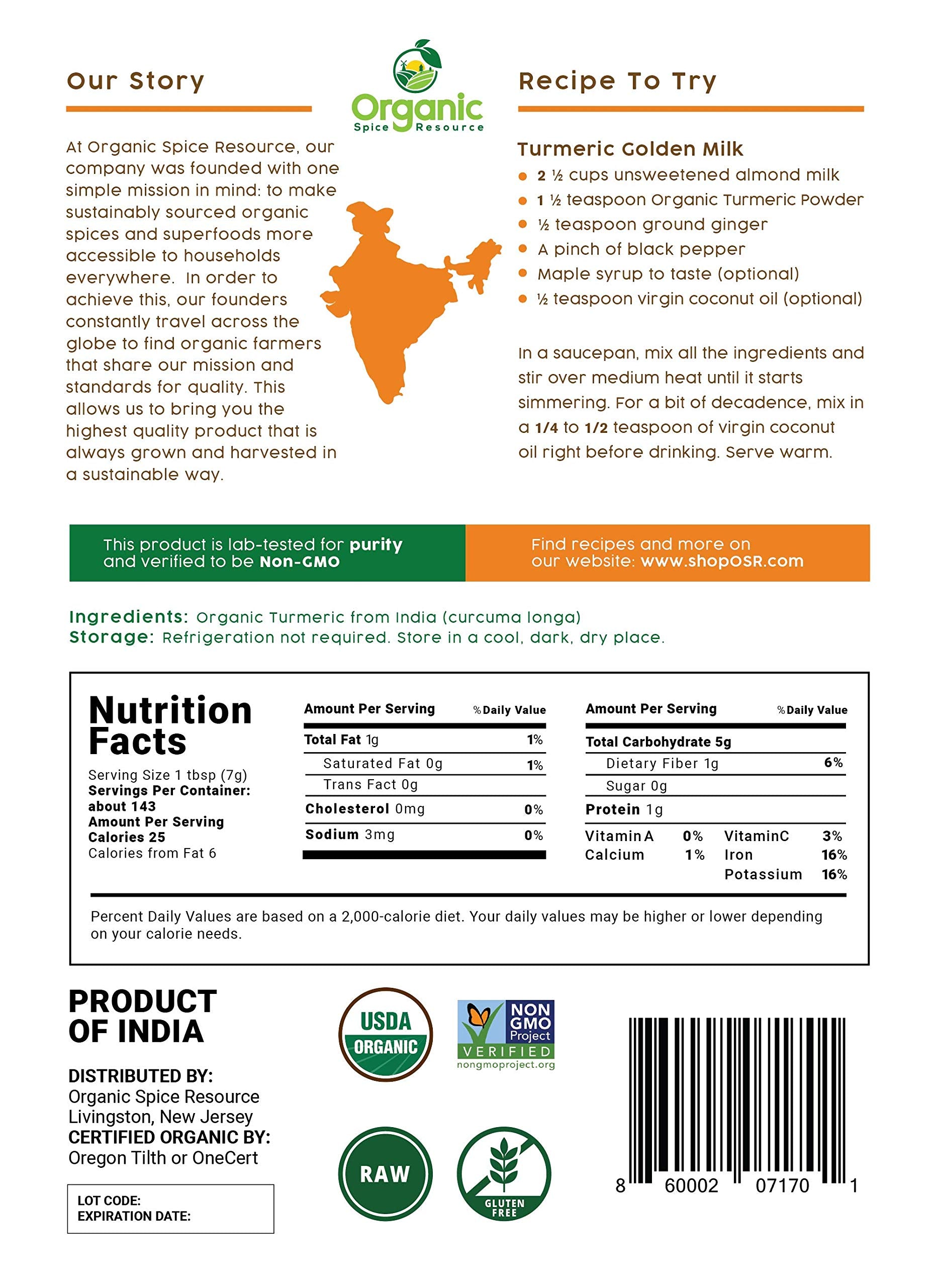 Close-up of OSR Organic Turmeric Powder packaging highlighting purity