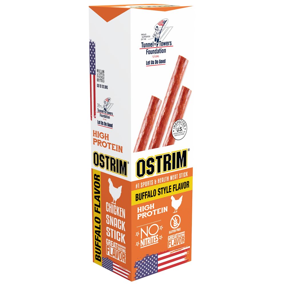 Ostrim Buffalo Wing Chicken Jerky Sticks in pack, high-protein snack for active days.