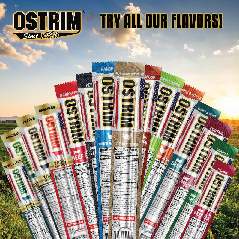 Ostrim gluten-free jerky sticks, nitrate-free and MSG-free.