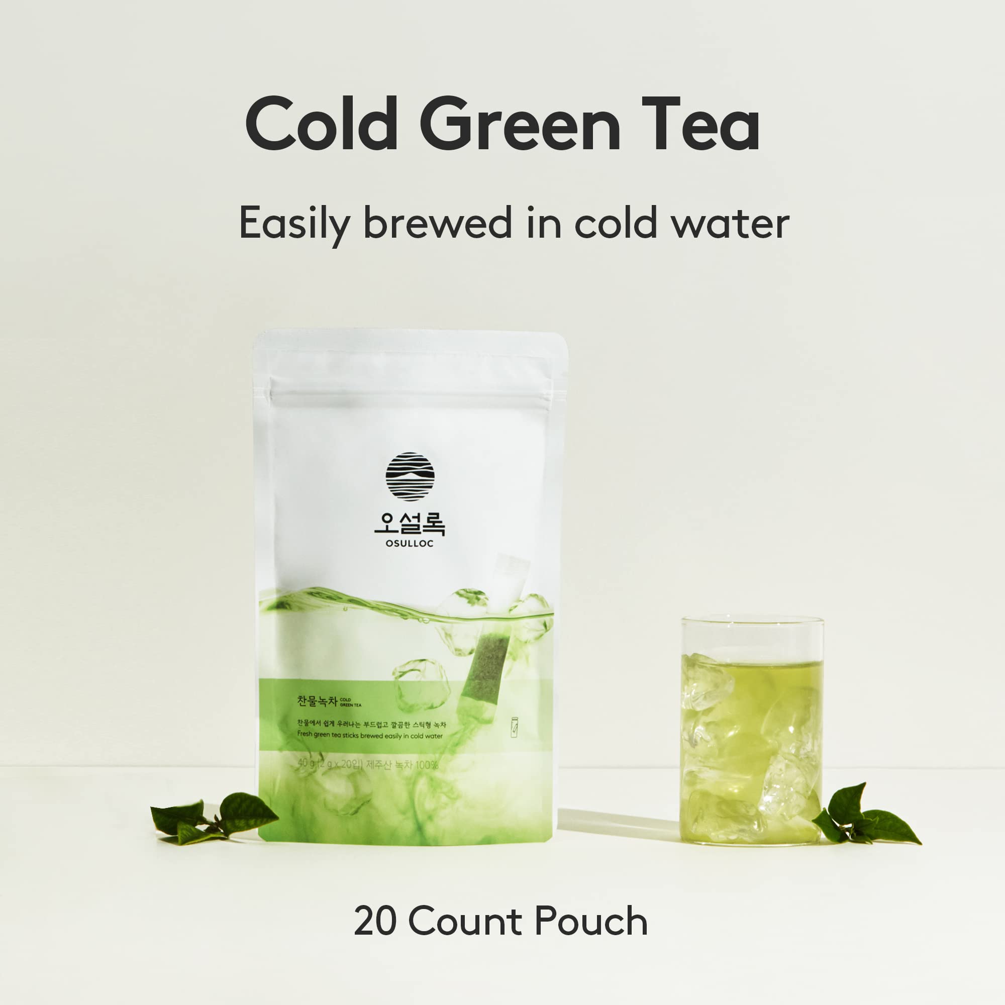 Osulloc Cold Green Tea stick pouch back shows compostable bags and GM-free ingredients