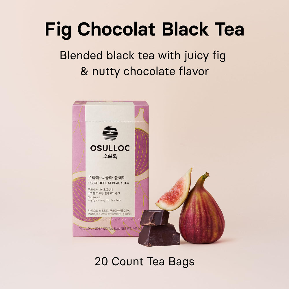 Osulloc Fig Chocolat tea bag close-up highlighting ripe fig sweetness and chocolate hints.