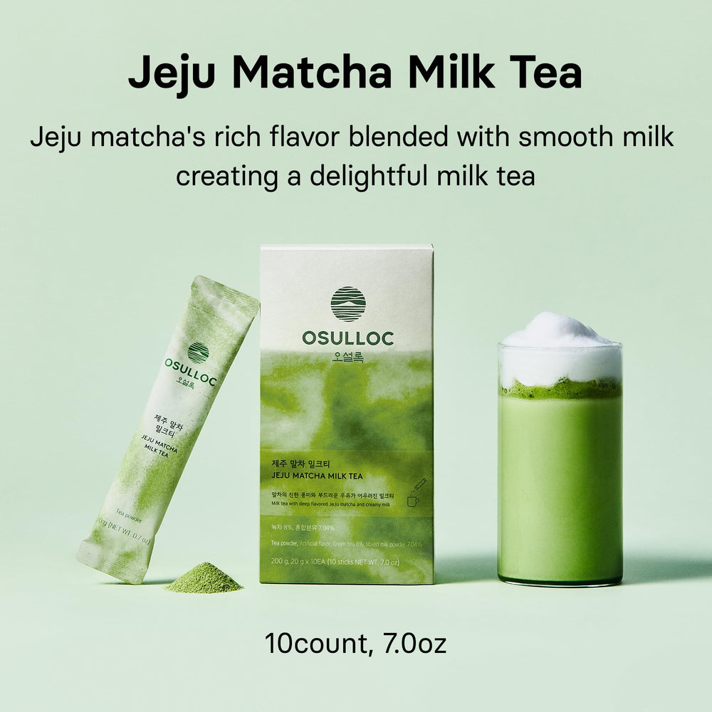 Osulloc Jeju Matcha Milk Tea cup with steam highlighting rich aroma.