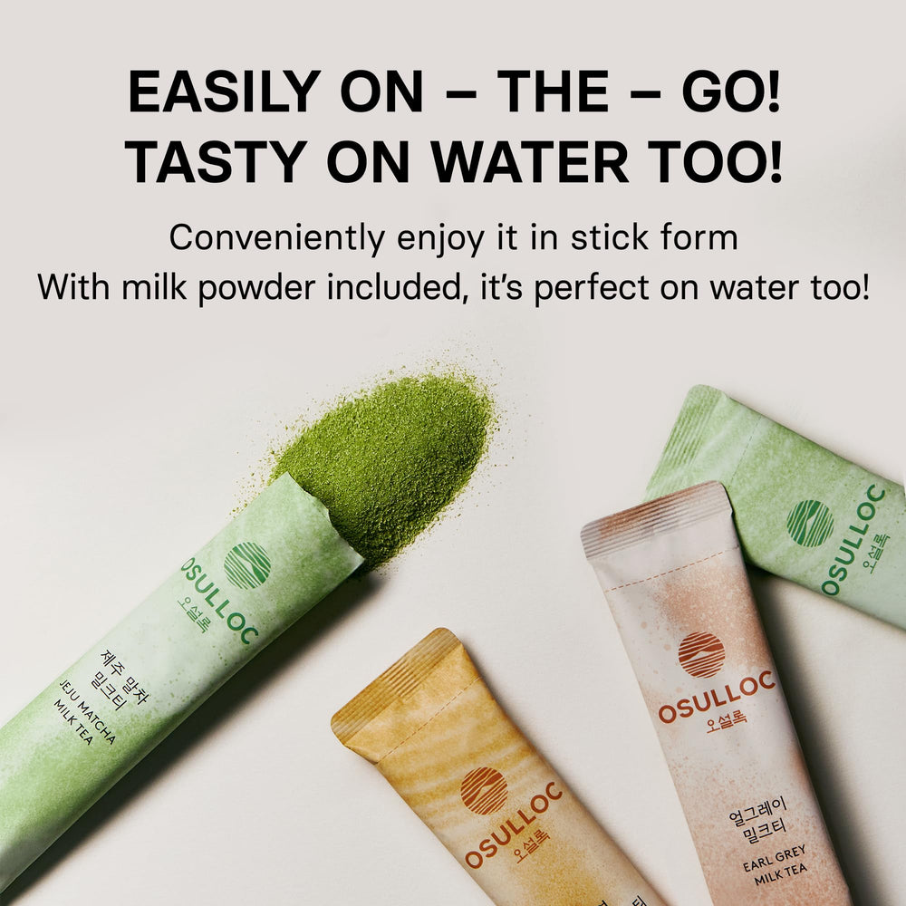 Osulloc matcha powder dissolves in water for smooth texture.
