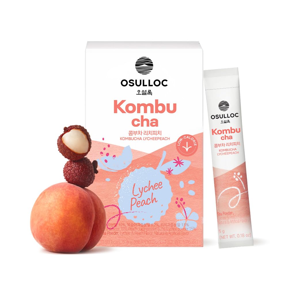 Osulloc Kombucha LycheePeach in a chilled glass with sparkling flavor.