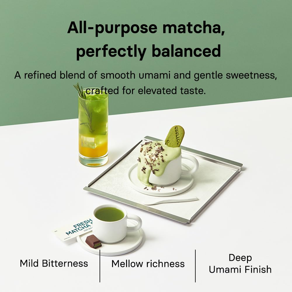 Osulloc Matcha powder close-up reveals fine, vibrant emerald sheen.