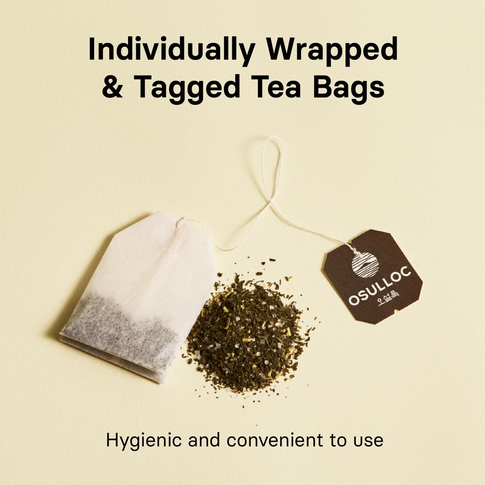 Osulloc premium tea brand label closeup reinforcing Jeju heritage and award-winning quality.