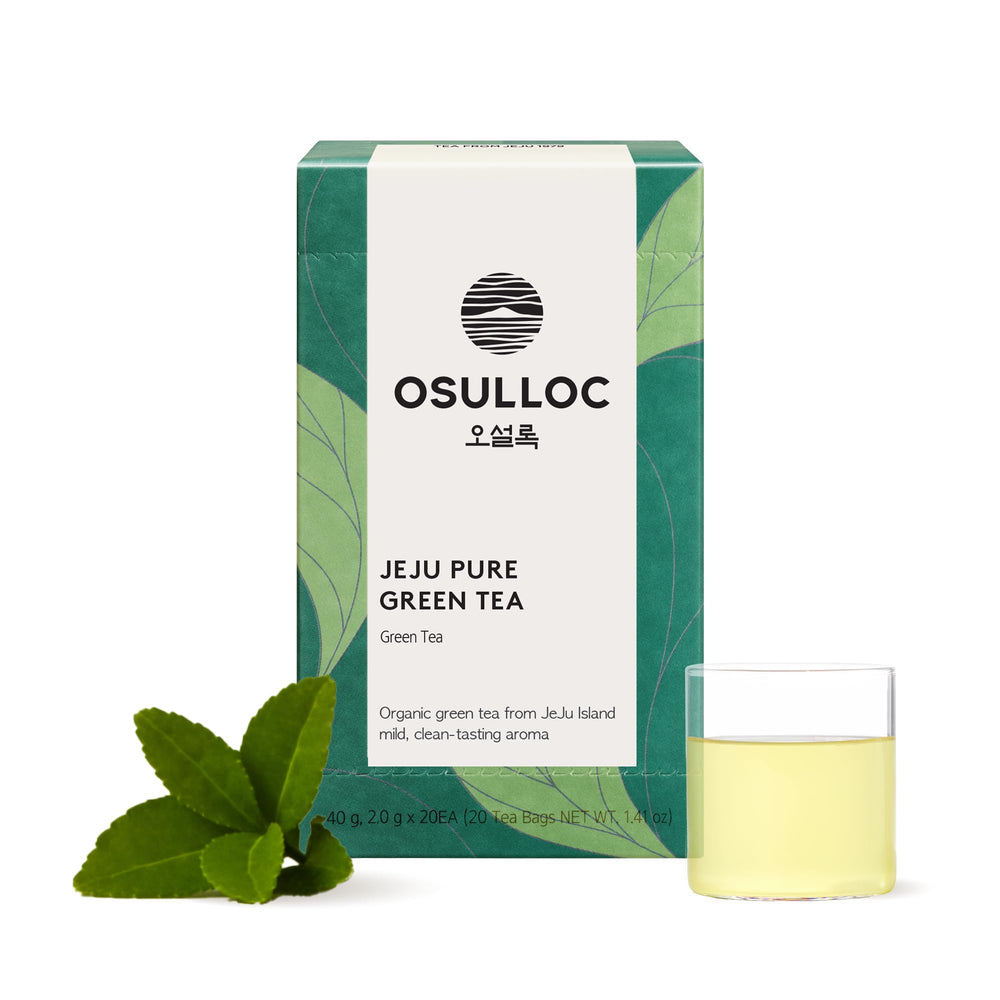 Osulloc Pure Green Tea tea bag pack shows convenient 20-count packaging for quick brewing.