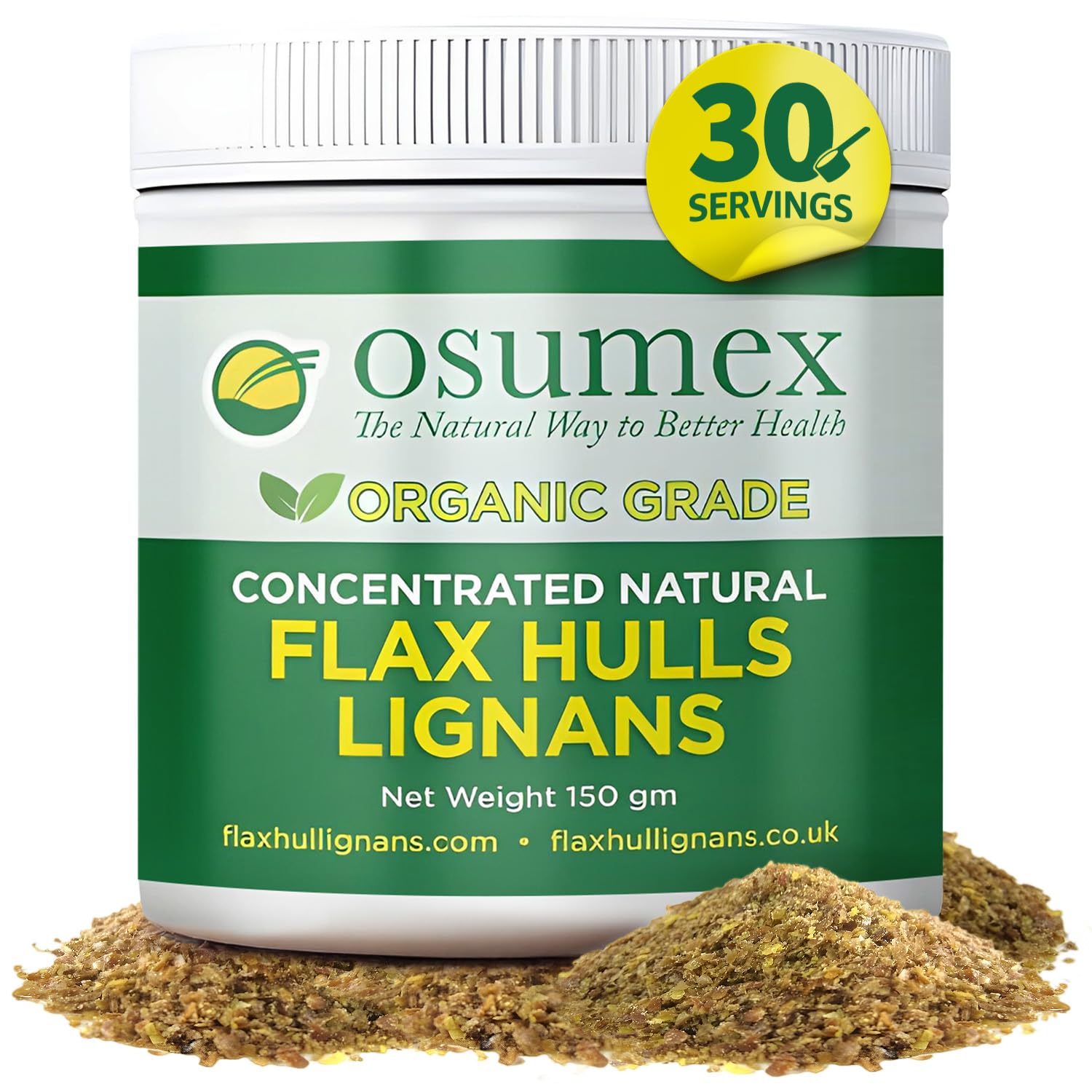Osumex Flax Hull Powder packaging highlights organic hulls for daily nutrition.