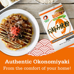 Otafuku Okonomiyaki Flour pancake cooking on hot skillet with savory aroma.