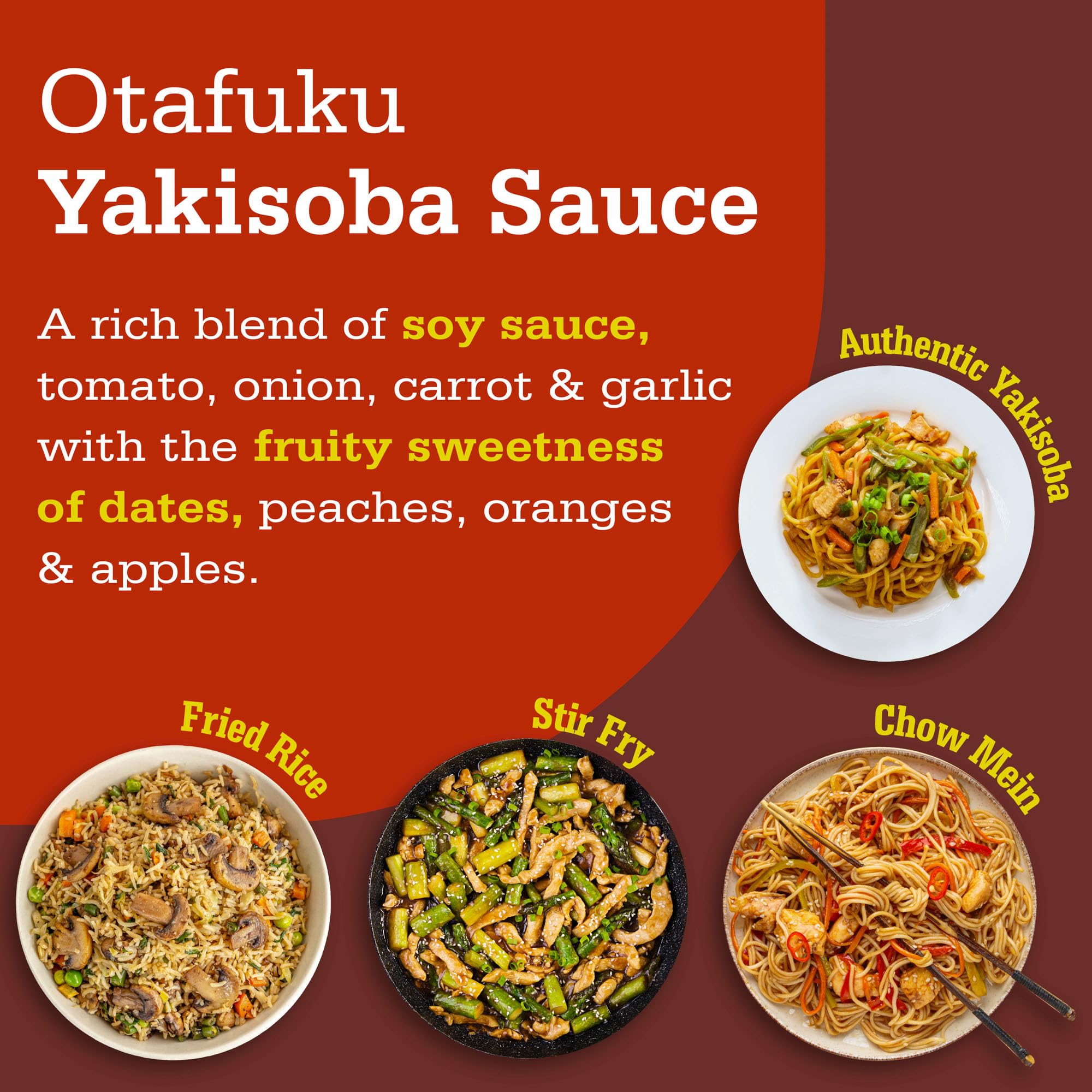 Otafuku Yakisoba Sauce ingredient-notes image shows tomato, onion, garlic, dates for depth.
