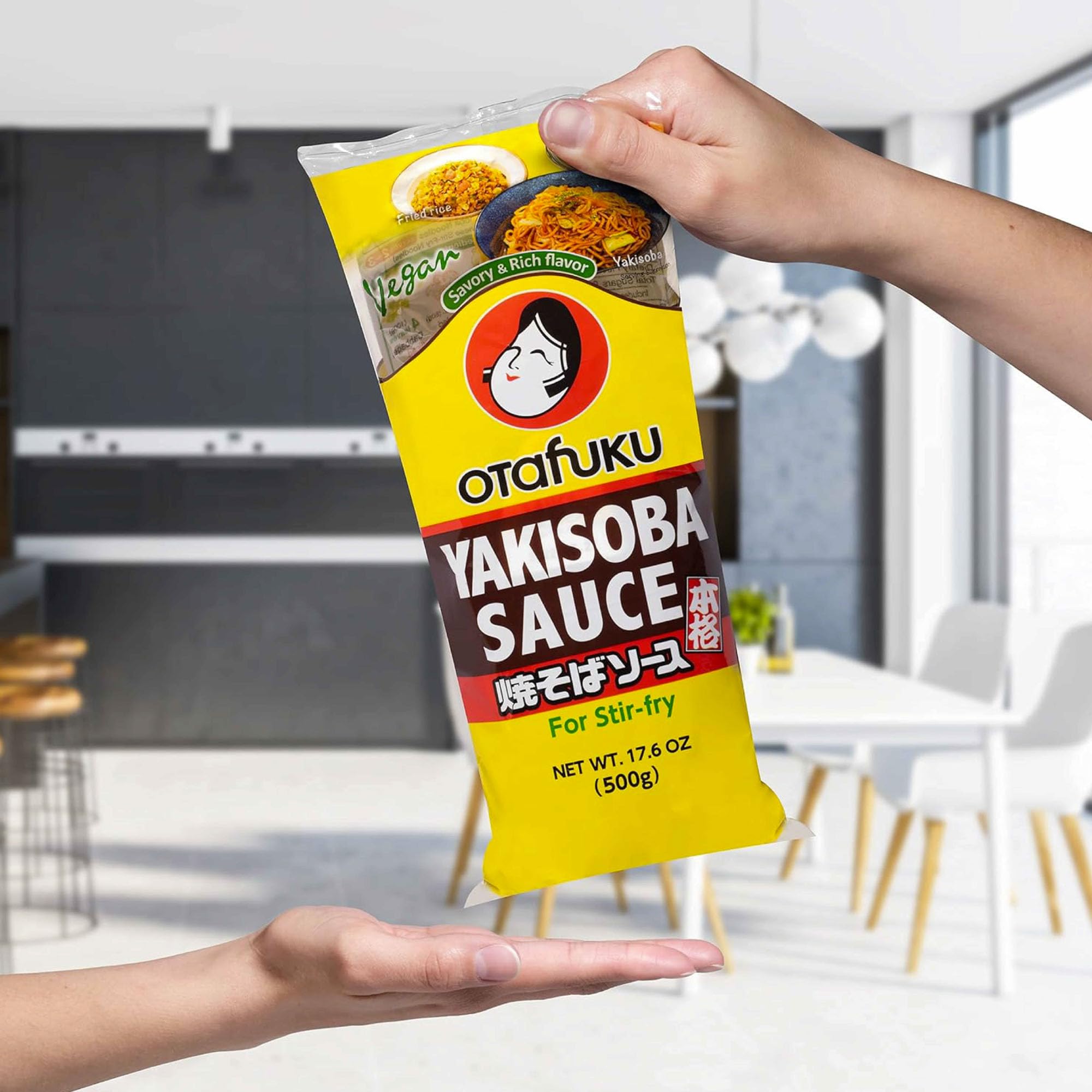 Otafuku Yakisoba Sauce jar close-up showcases 14 servings per 17.6 oz bottle.