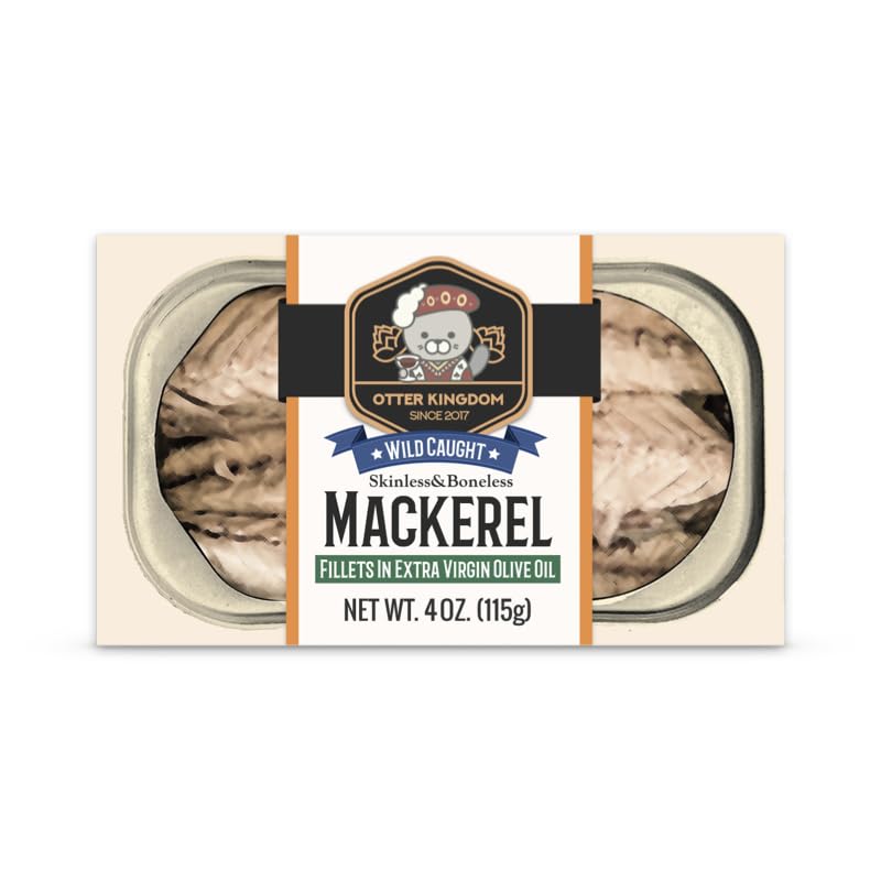Otter Kingdom European mackerel fillets in EVOO, 4 oz portions neatly arranged.