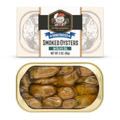 Otter Kingdom premium smoked oysters in olive oil tin, ready-to-enjoy in 3-ounce portions.