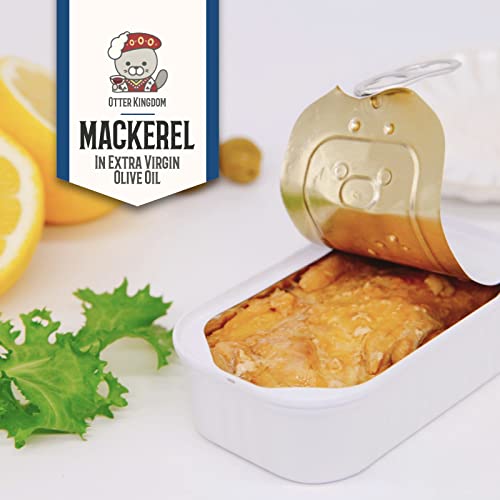 Otter Kingdom skinless and boneless mackerel fillets in EVOO close-up.