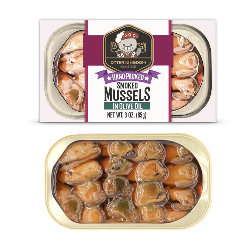 Otter Kingdom smoked mussels in olive oil can showing premium protein for appetizers