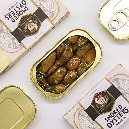 Otter Kingdom smoked oysters in olive oil tin close-up, highlighting rich color and glossy oil.